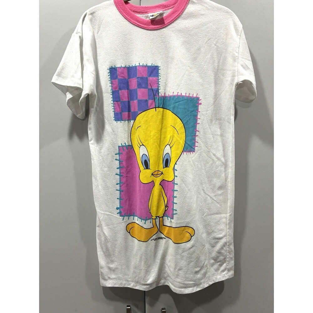 VTG Single Stitch 1996 Looney Tunes Tweety Terry Pink Ringer Graphic Shirt Dress